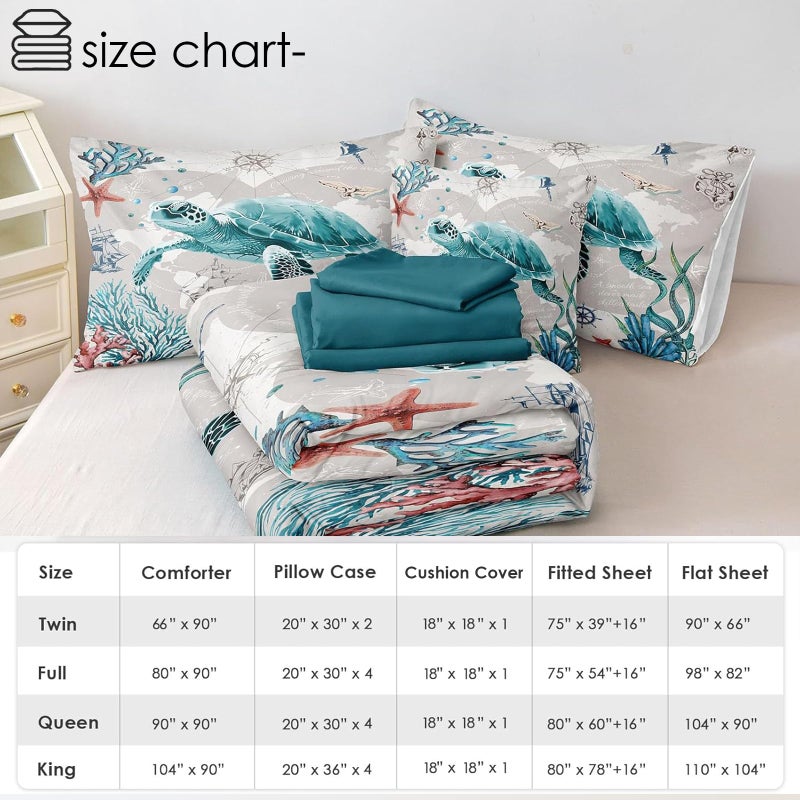 Bedbay 8 Pieces Nautical Bedding Set Sea Turtle Full Size Comforter Set with Sheets Turquoise Comforter Retro Turtle Bedding Set for Kids Boys Girls Ocean Themed Soft Fluffy Bed Set(Ocean Full) - Image 5